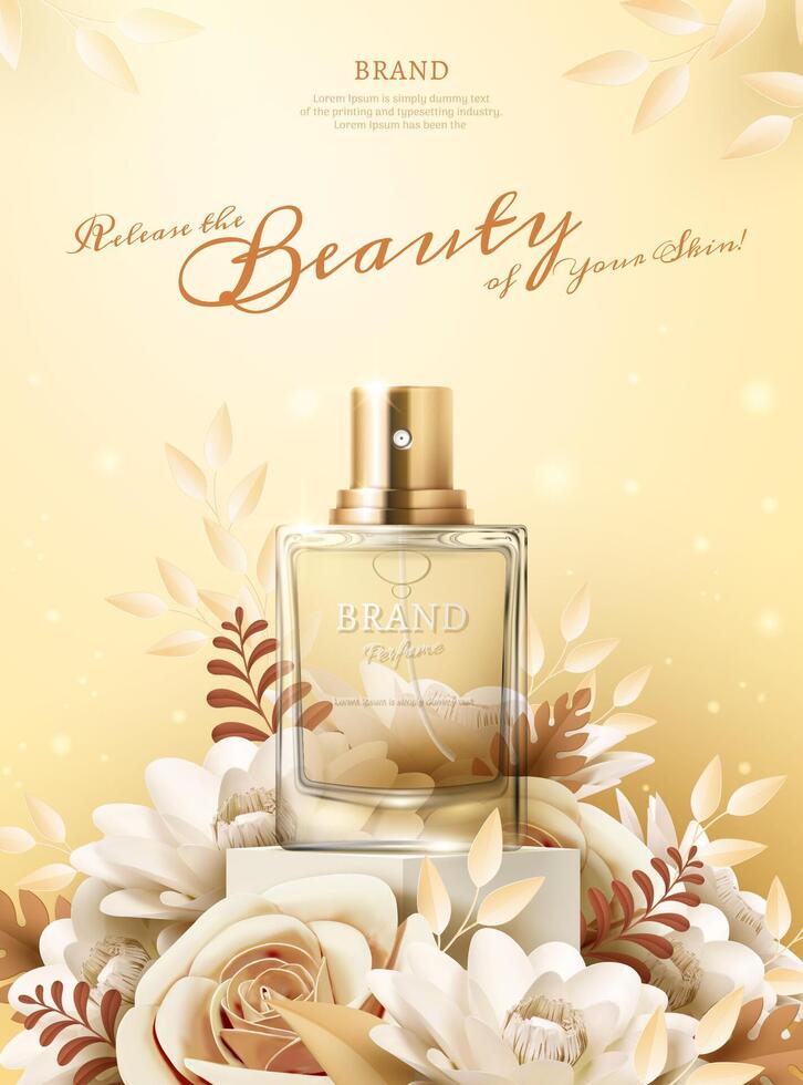 Perfume ads with light yellow paper flowers on the stage in 3d illustration vector