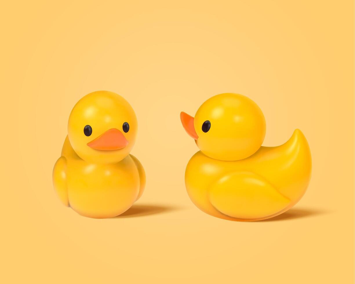 3d illustration of cute toy duck figurines isolated on yellow background vector