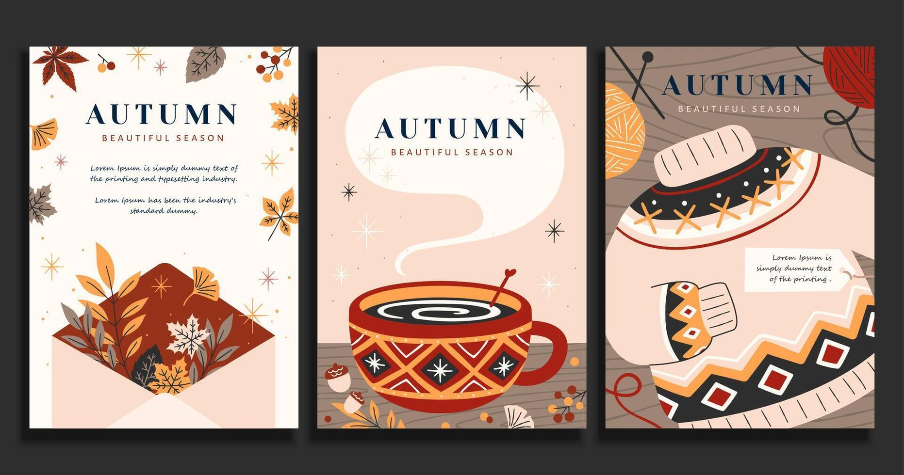 Set of autumn illustrations in trendy hand drawn style, hygge concept, applicable to card, cover and event promotion vector
