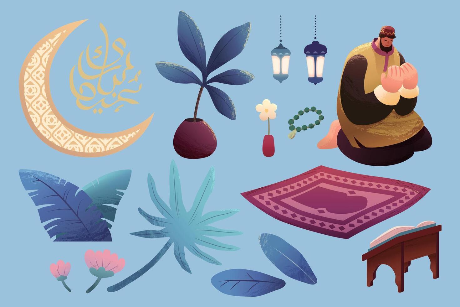 Illustration of Ramadan Kareem elements, including muslim man praying salat, carpet, leafs, crescent and Islamic calligraphy isolated on light blue background. Calligraphic translation Eid Mubarak vector