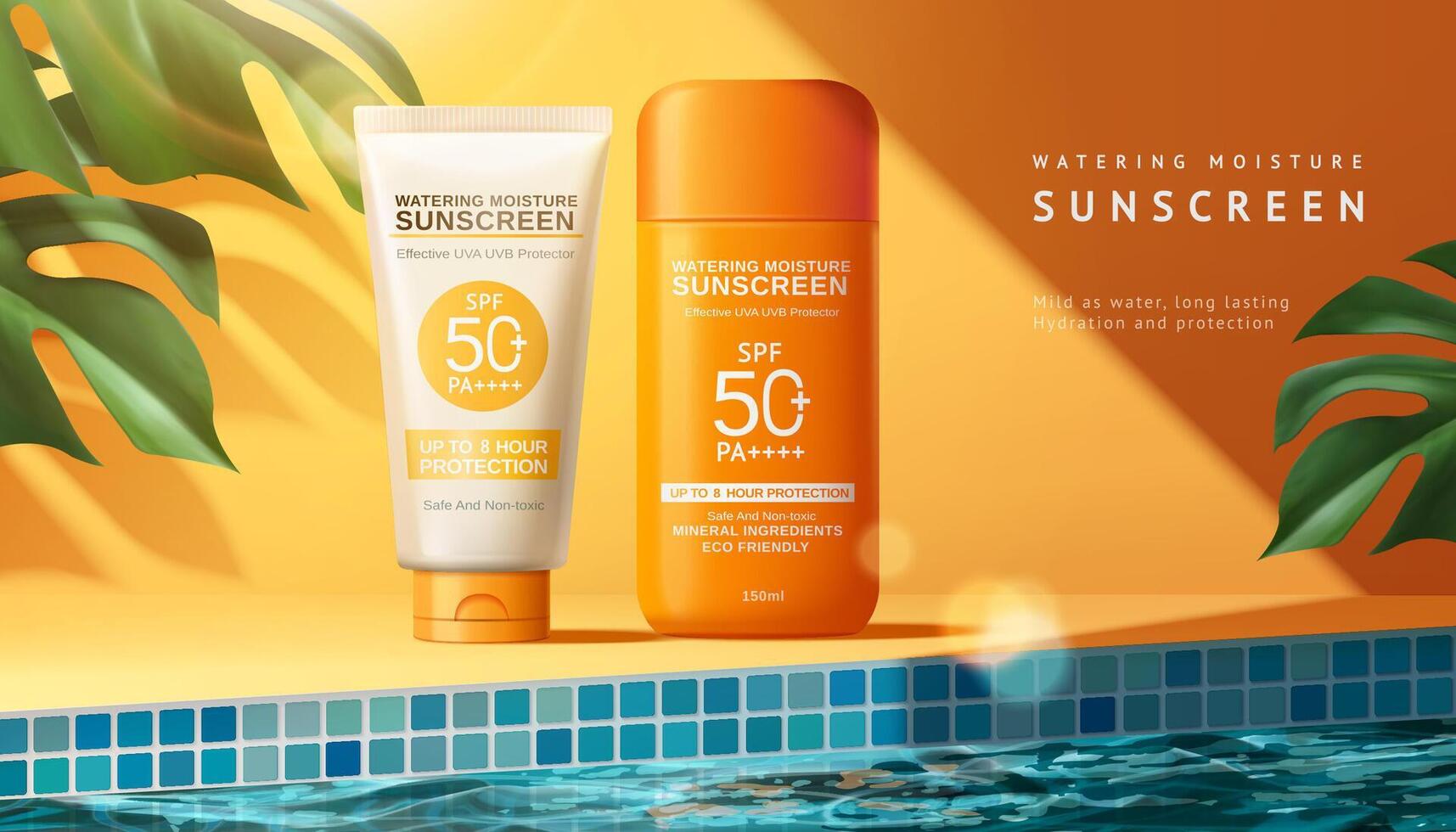 protector solar anuncio modelo con monstera hojas y nadando piscina escena diseño, 3d ilustración vector