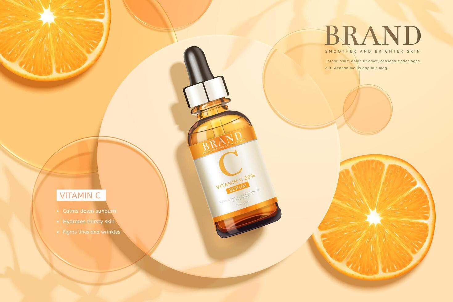 3d illustration of beauty product ad, designed with circular disks, sliced tangerine, and realistic dropper bottle, summer skincare concept vector
