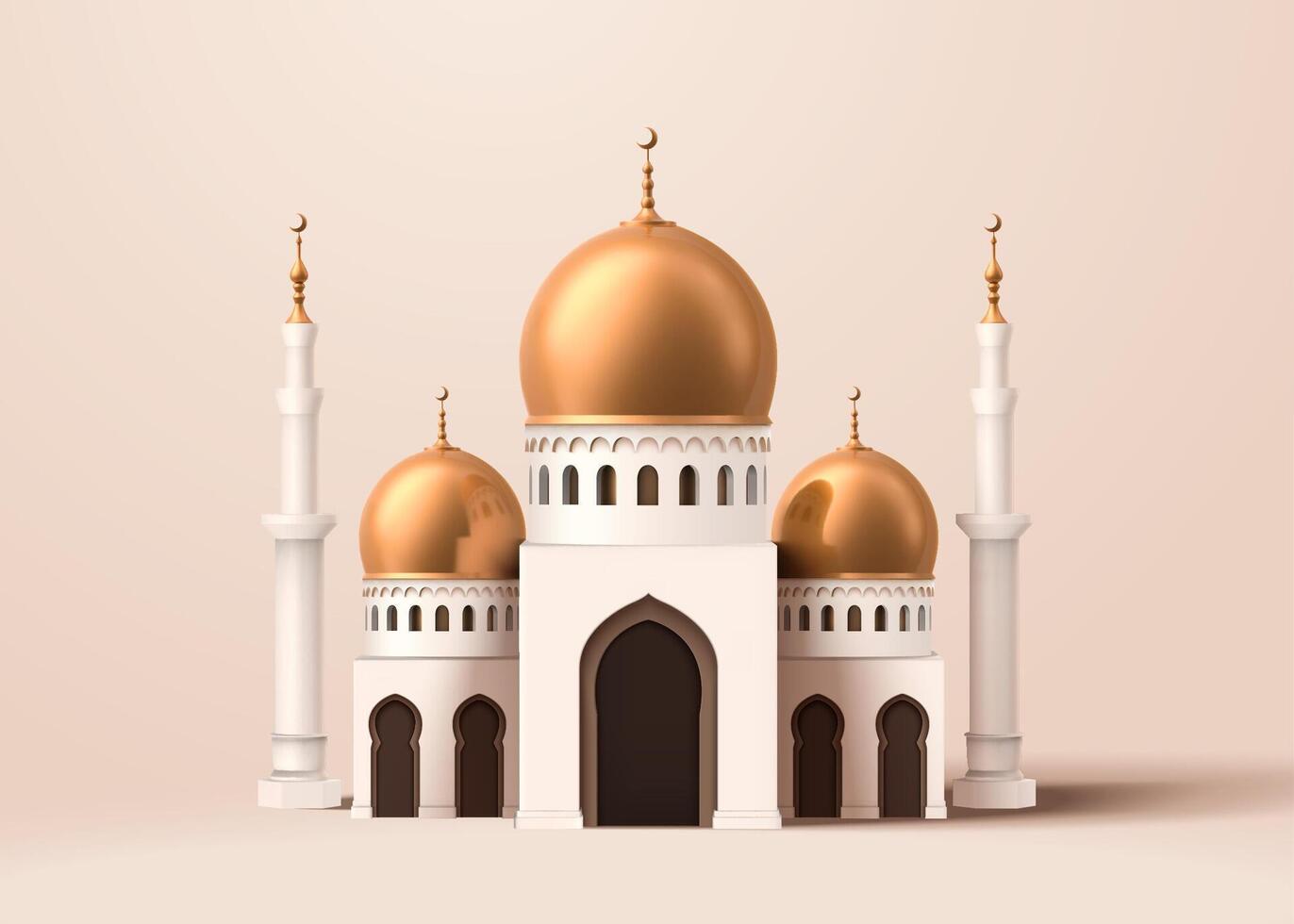 3d ilustración de un Exquisito mezquita edificio modelo decorado con lustroso latón Hazme en Marfil beige fondo, para Ramadán evento utilizar vector