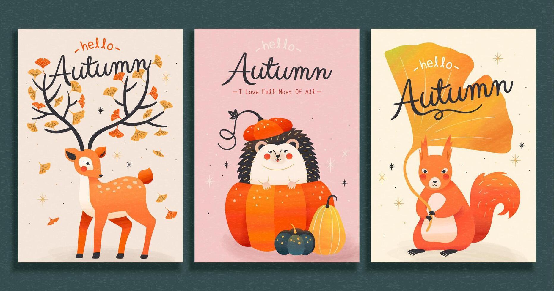 Collection of cute forest animal illustrations in trendy hand drawn style, autumn concept, applicable to card, cover and event promotion vector