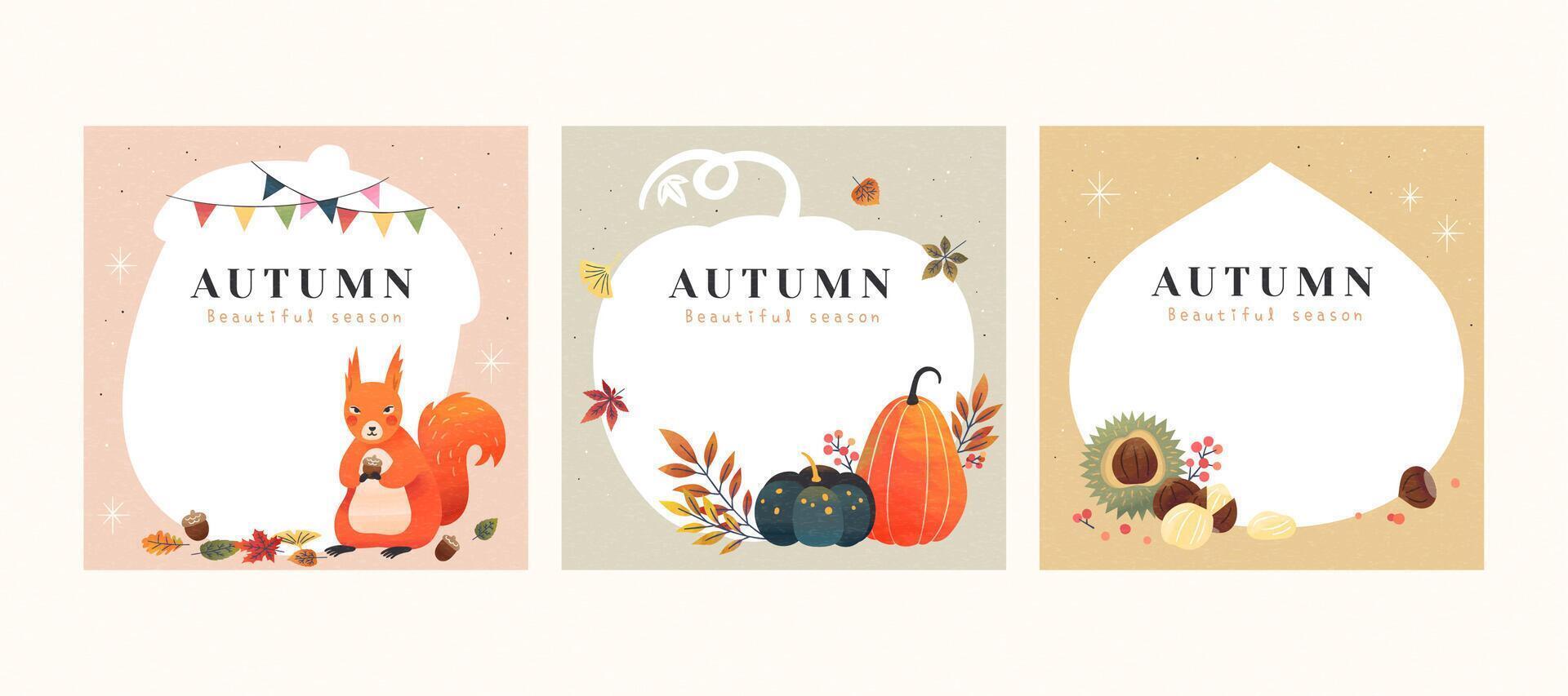 Set of autumn hand drawn illustrations with copyspace, applicable to card, cover and social media post vector