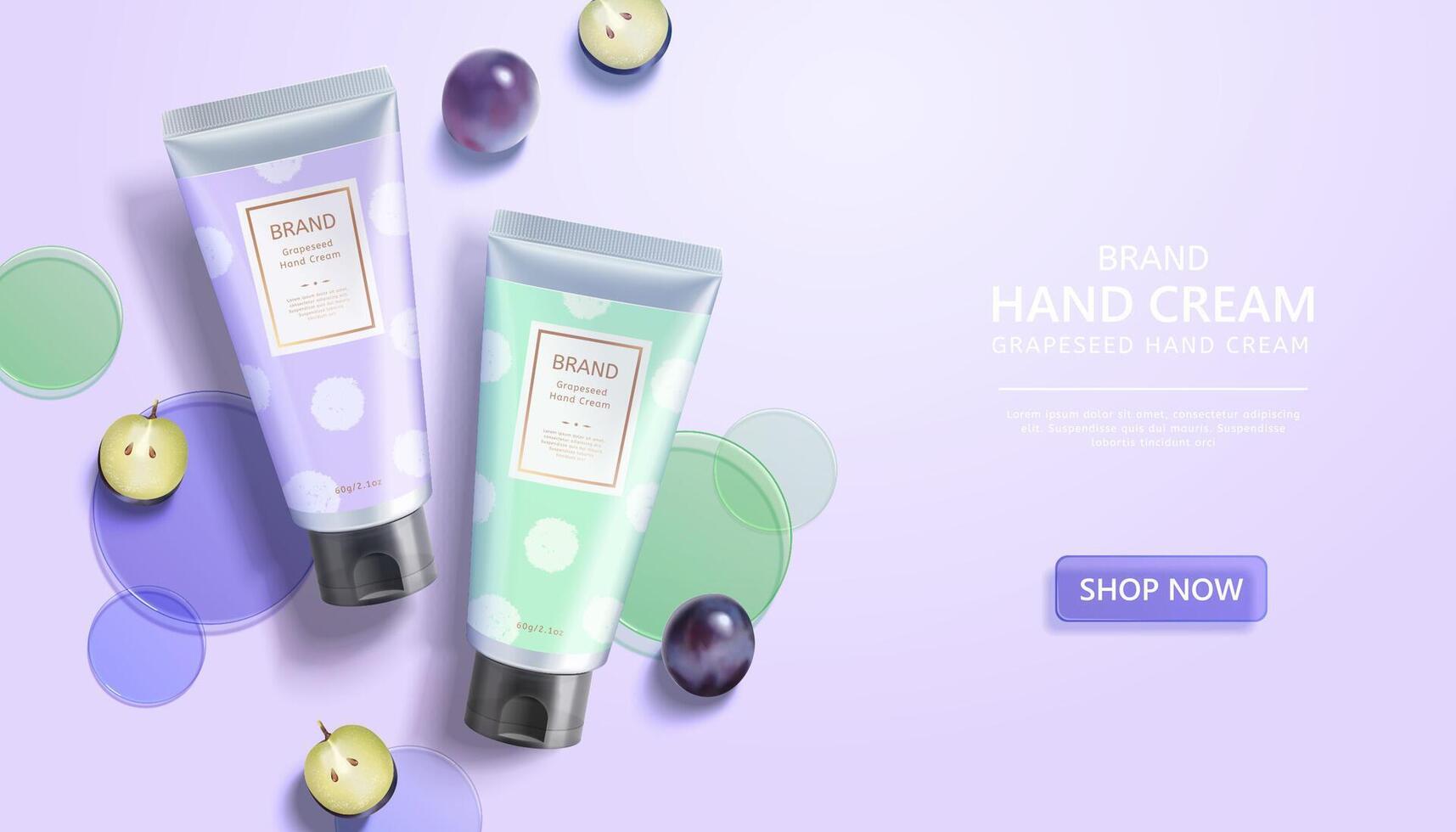 3d illustration of beauty product ad, designed with circular disks, grapes, and realistic tubes, simple skincare concept vector