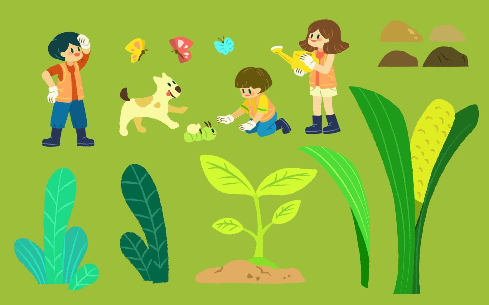 ilustración de linda niños, animales, insectos, plantas y rocas aislado en manzana verde antecedentes. adecuado para cenador día y tierra día. vector