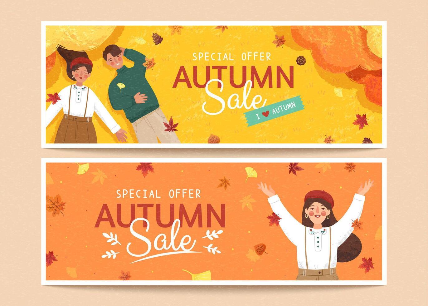 Set of cute autumn banners in retro hand drawn style, applicable to web headers and sale promotion vector