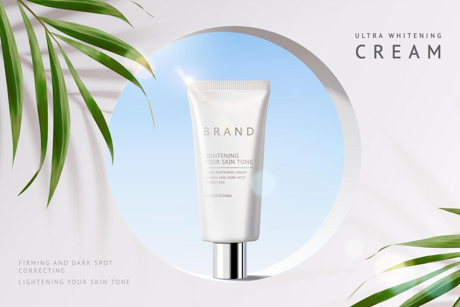 Skin care product ad, minimal scene of circular hole on white concrete wall with palm leaves, 3d illustration vector