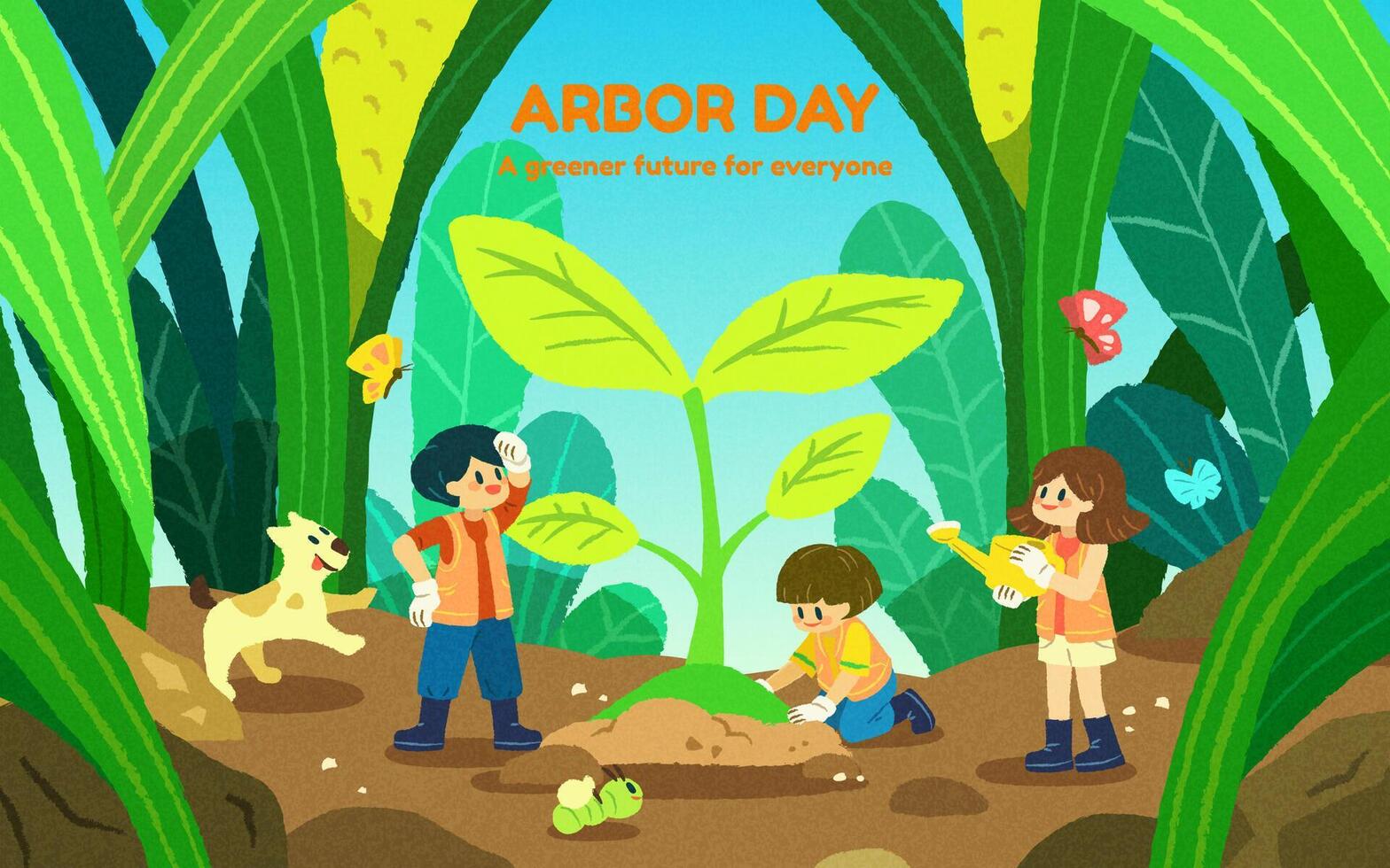 Illustration of cute miniature children planting seedling in nature environment with butterfly and puppy alongside. Suitable for Arbor day and Earth day. vector