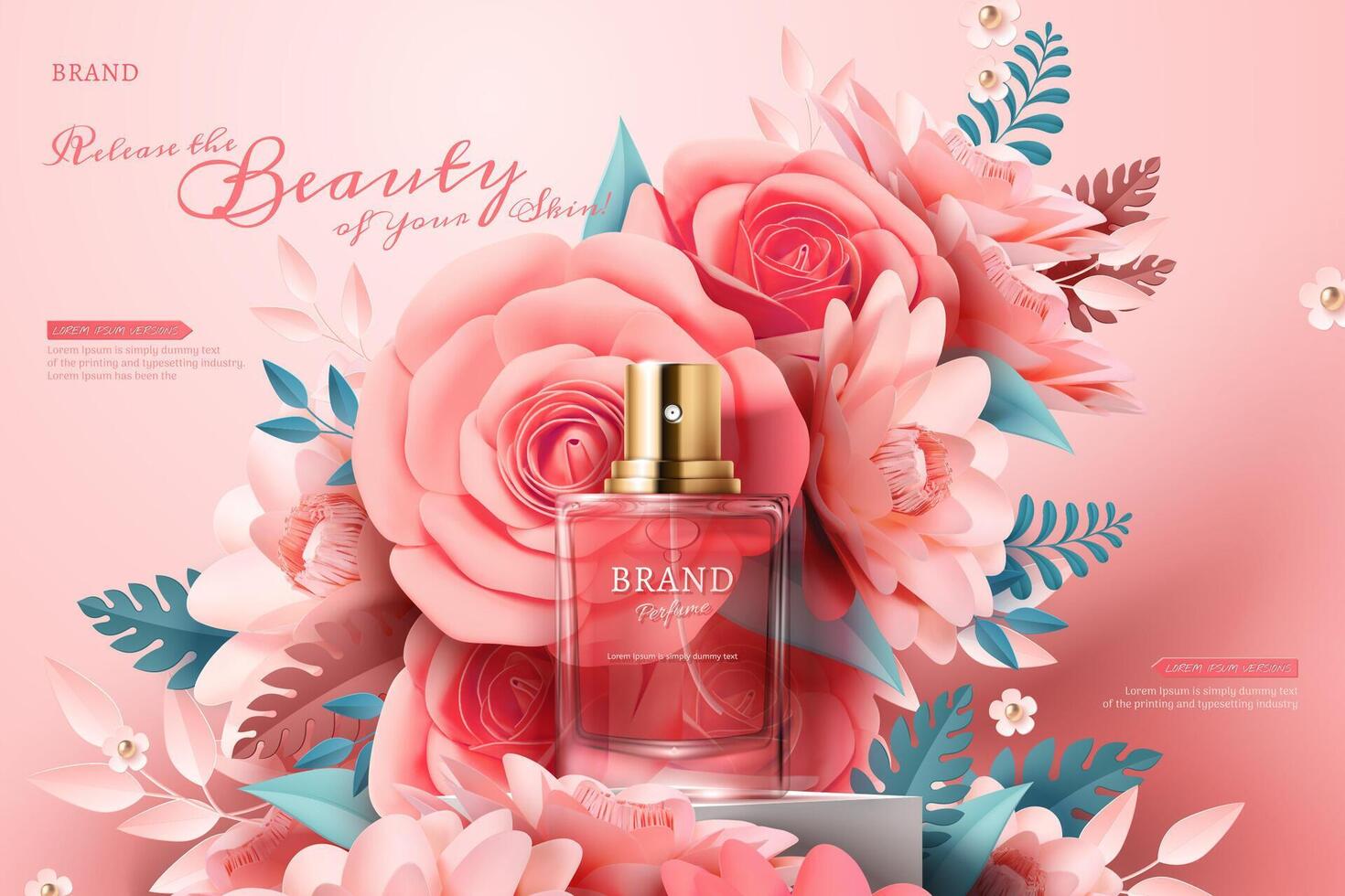 perfume anuncios con ligero rosado papel flores en el etapa en 3d ilustración vector