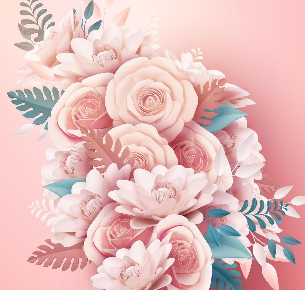 Light pink paper rose flower decorations in 3d illustration vector