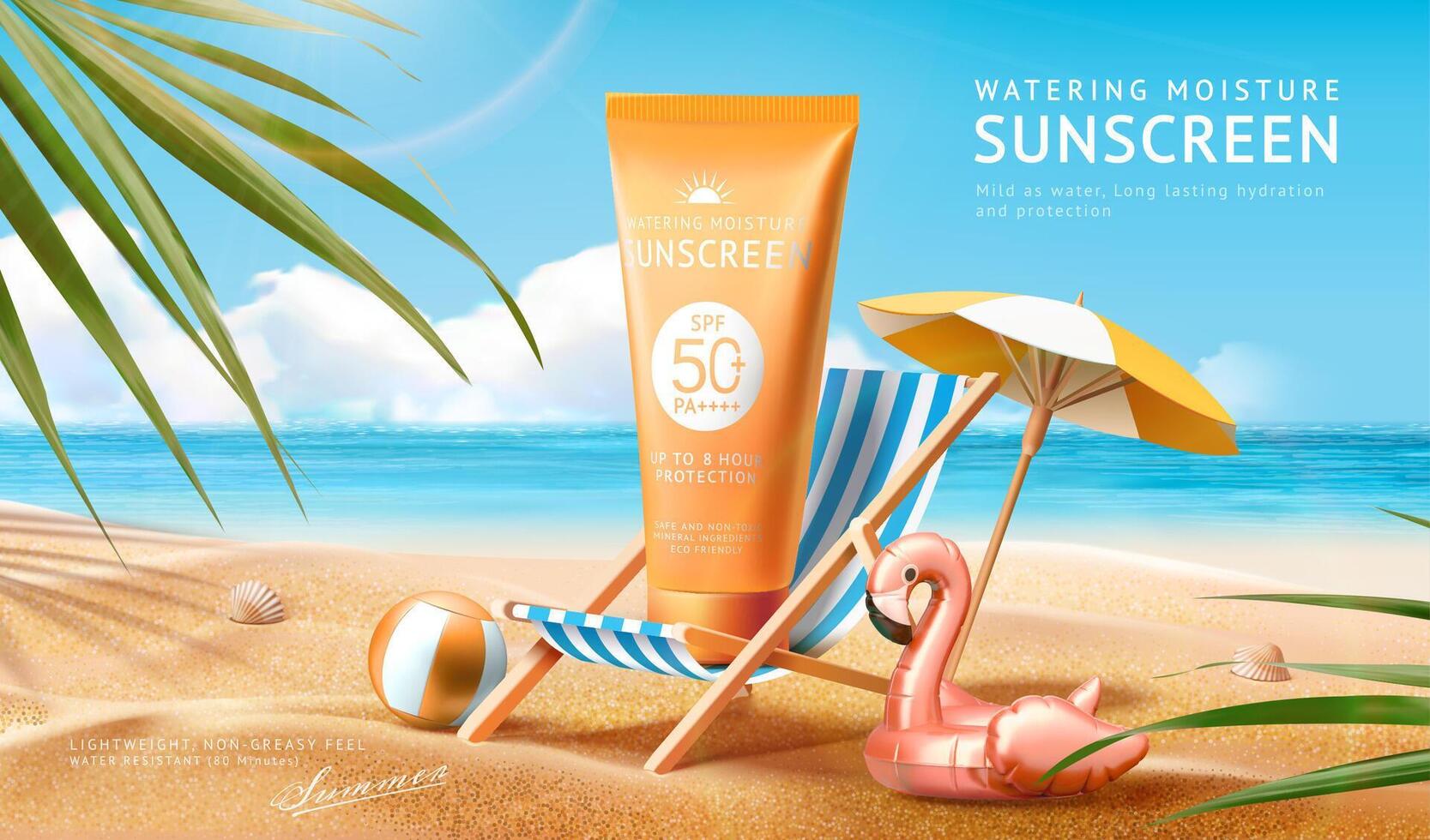 protector solar anuncio modelo con palma hojas y verano playa escena diseño, 3d ilustración vector