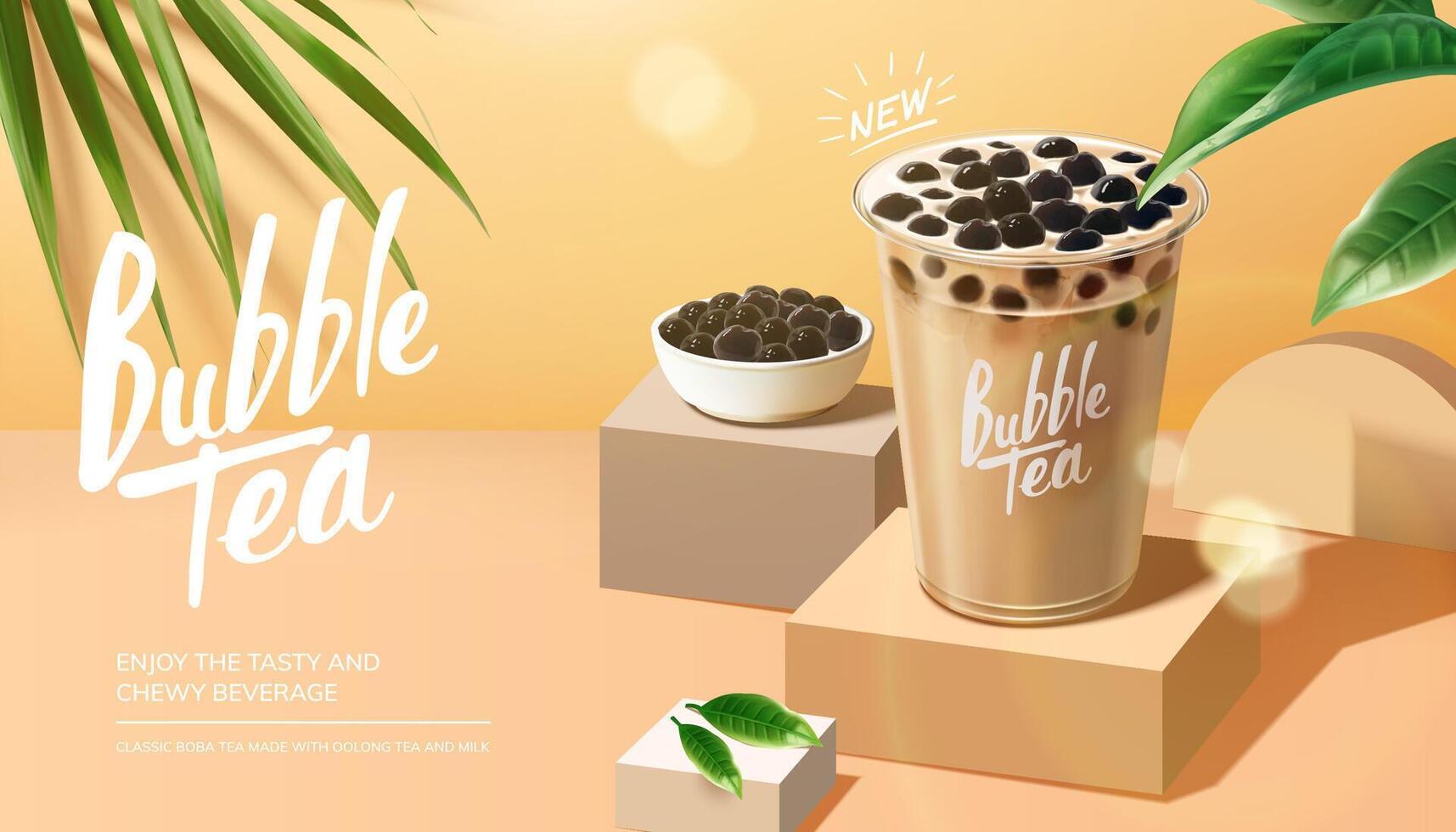 Bubble milk tea advertisement with leaves elements on summer background in 3d illustration vector