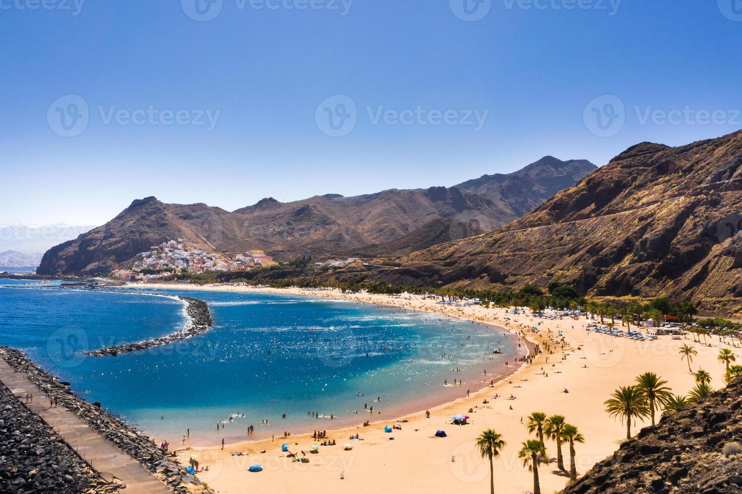 Top view of Las Teresitas beach with yellow sand. Near the city of Santa Cruz de Tenerife, Tenerife, Canary Islands photo