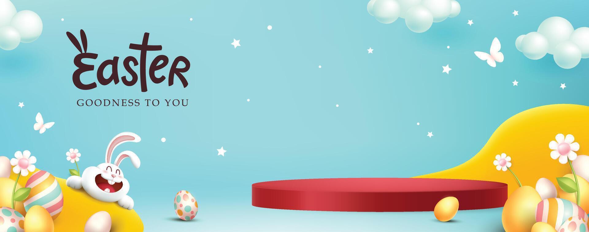 Happy easter banner product display with spring season nature landscape colored easter eggs different ornaments and copy space vector