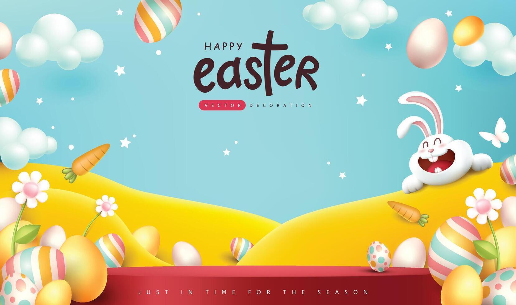 Happy easter banner product display with spring season nature landscape colored easter eggs different ornaments and copy space vector