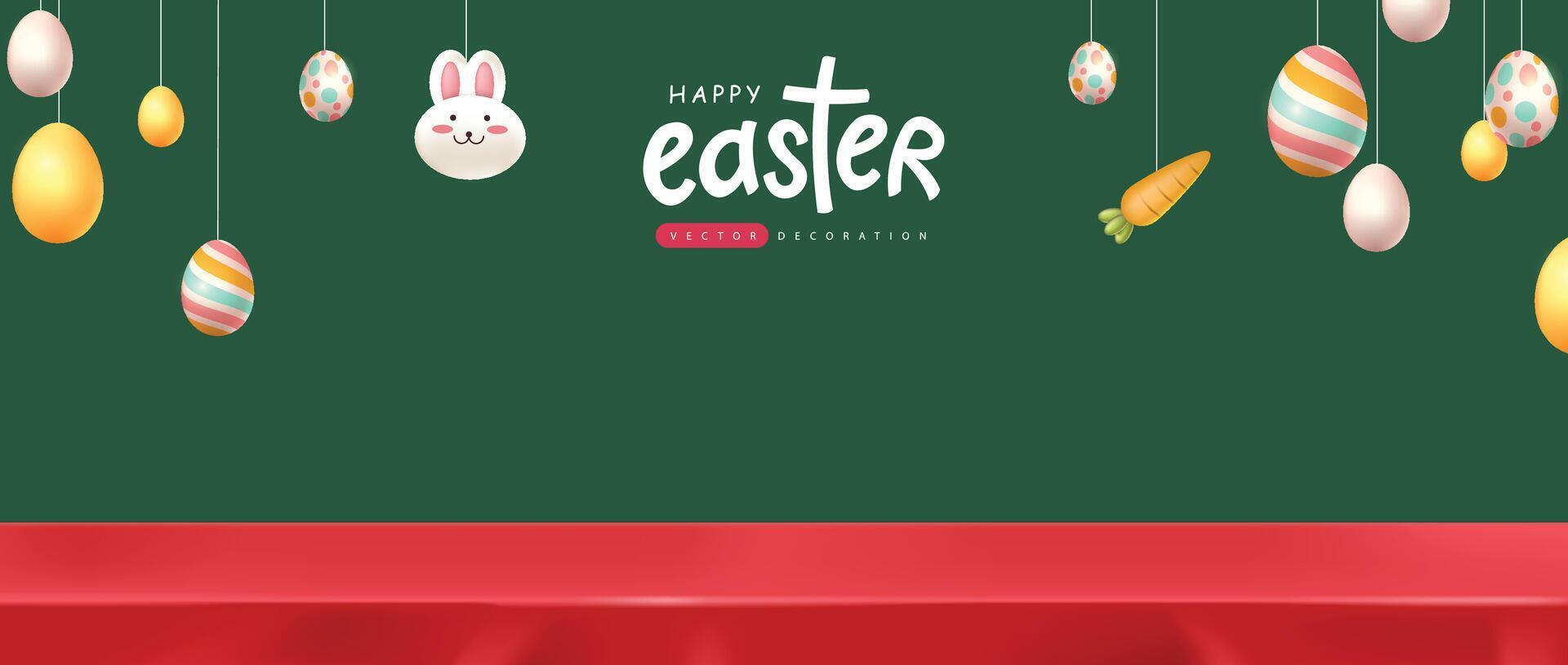 Happy easter banner background with red tablecloth product display hanging easter eggs different ornaments and copy space vector