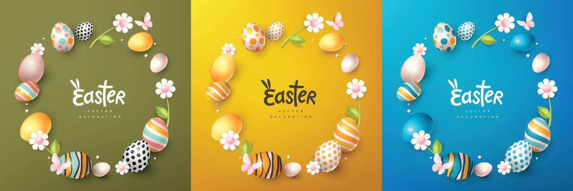 Easter card with easter eggs frame and spring flowers on colorful background and calligraphy of easter vector