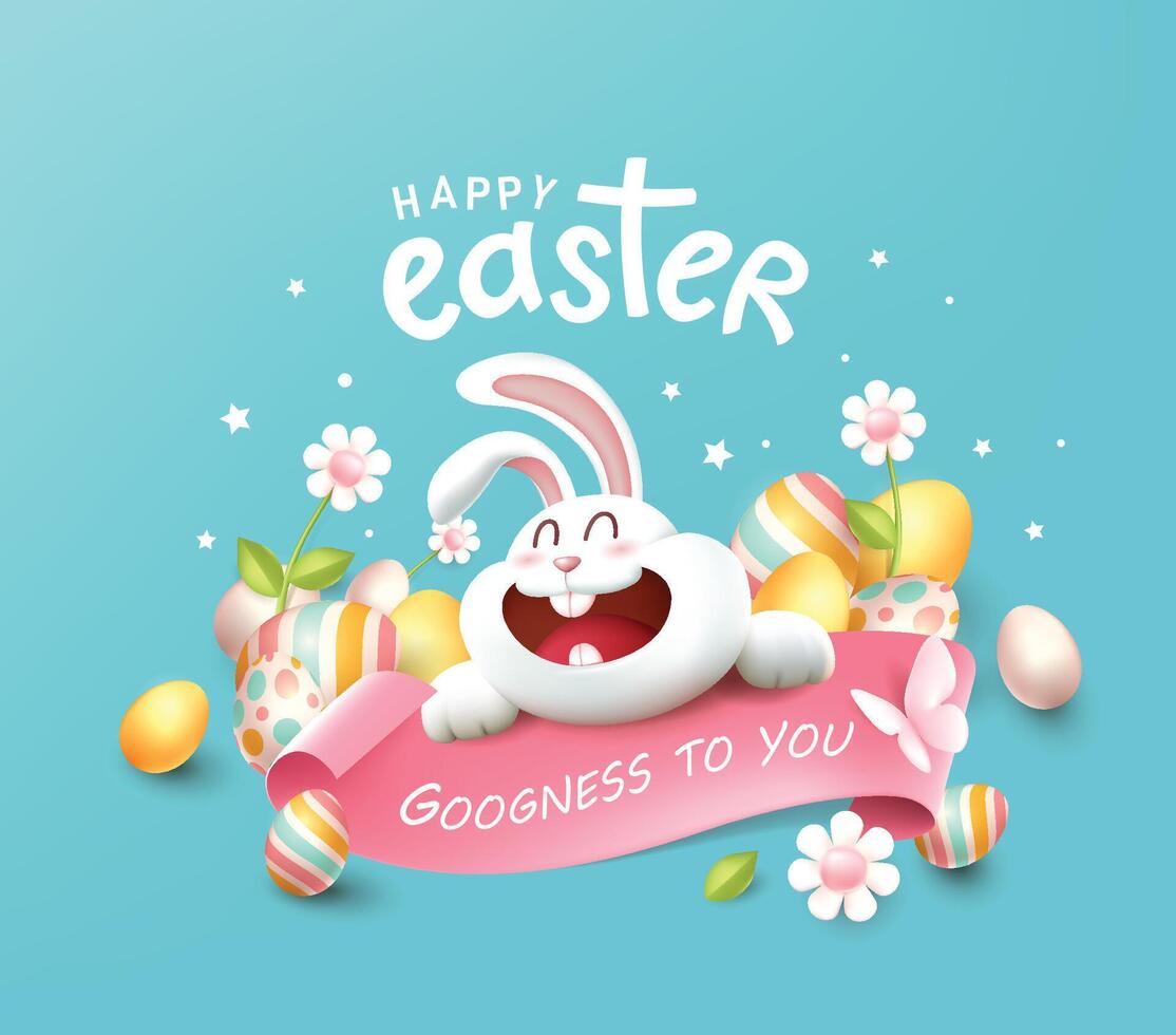 Happy easter banner card with happy bunny spring season colored easter eggs vector