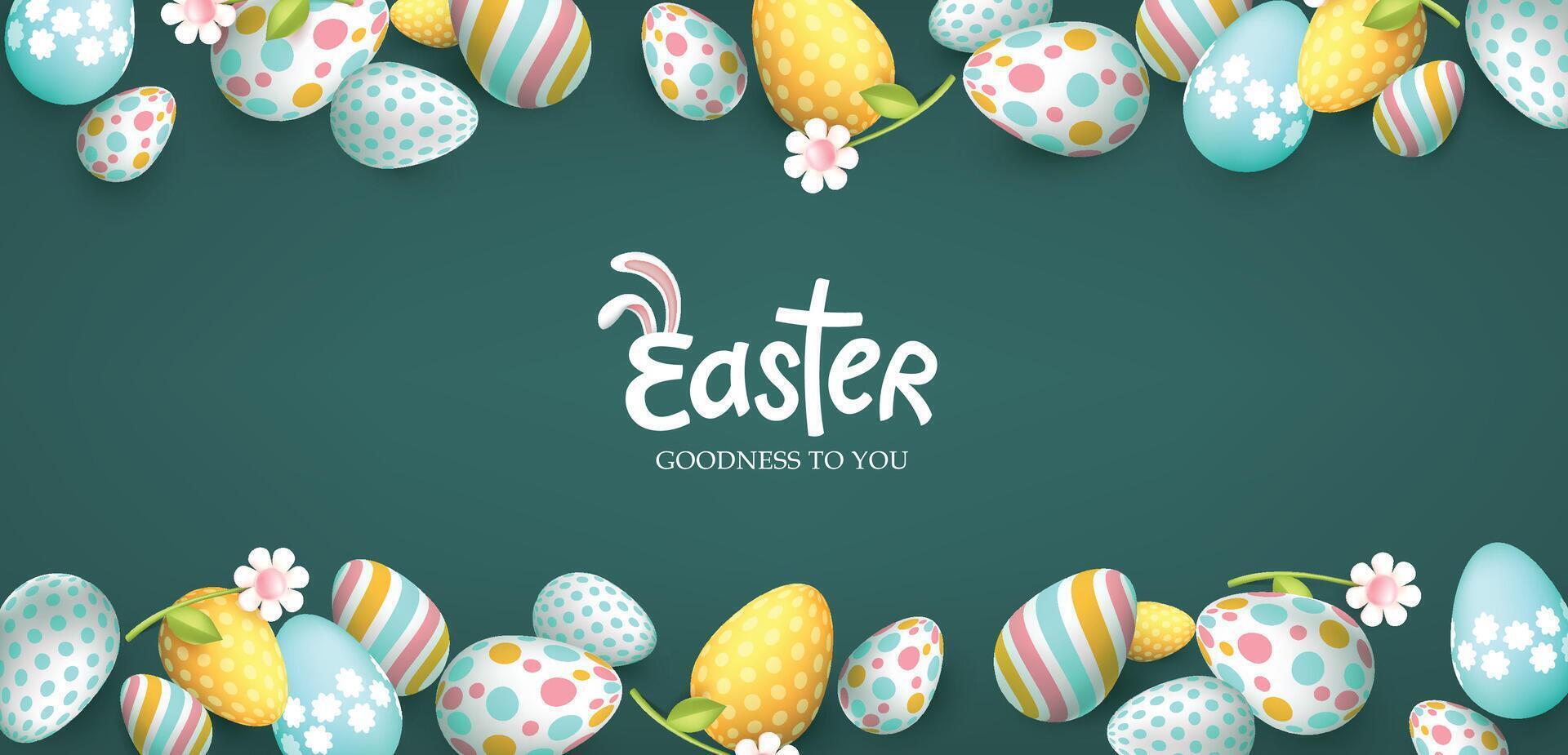 Easter day banner with easter eggs frame and spring flowers on blackboard background and calligraphy of easter vector