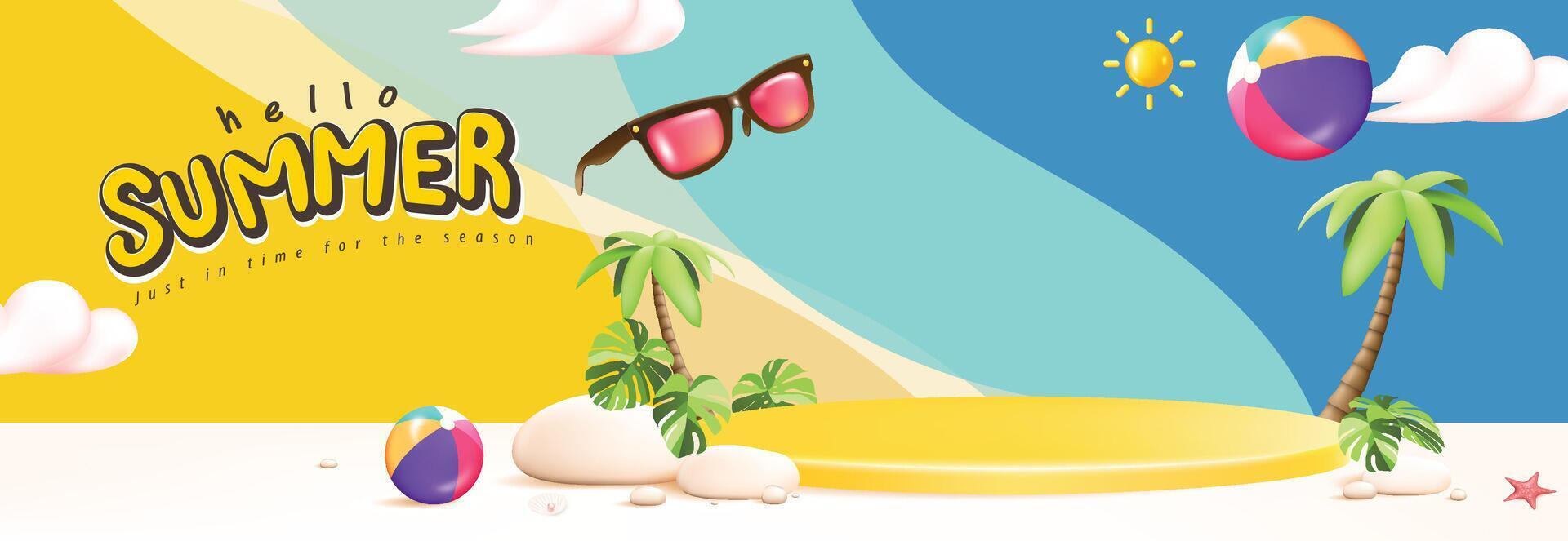 Summer sale poster banner with yellow product display podium summer tropical beach scene design background vector