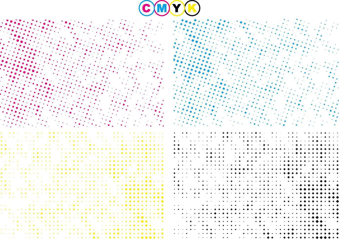 set of four different colored halftone patterns of cmyk dot,  abstract background with square dot effect bundle, vector