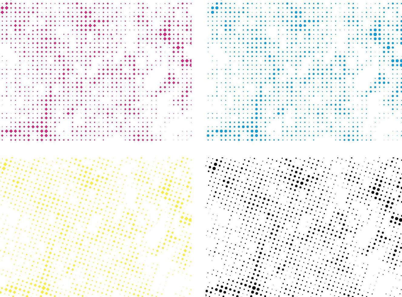 Cmyk halftone dot pattern vector illustration set, halftone dots and squares on white background,