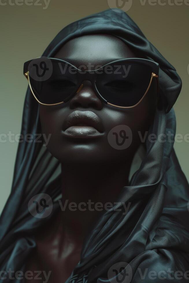 AI generated Close-up of a portrait of a glamorous African female model in black glasses photo