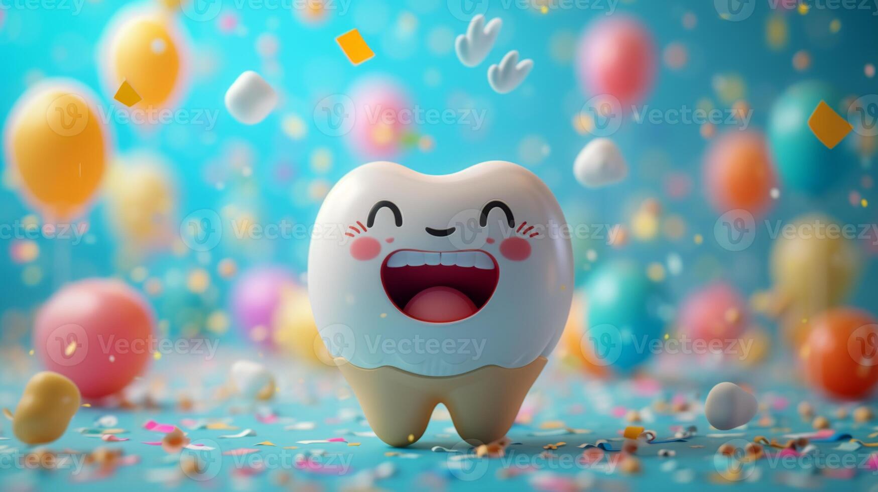 AI generated A happy smiling tooth on a festive background with colorful balls. the concept of a clean tooth. 3d illustration photo
