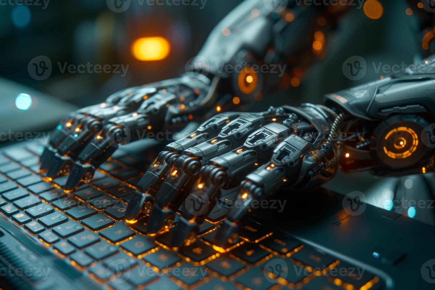 AI generated Close-up of Hands Working Typing on a Computer Keyboard photo