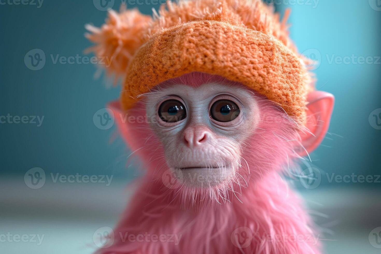 AI generated A pink monkey in a warm hat sitting in a blue interior photo