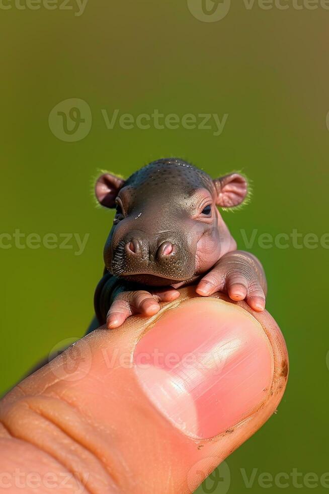 ai generado un pequeño hipopótamo se sienta en un del hombre dedo foto