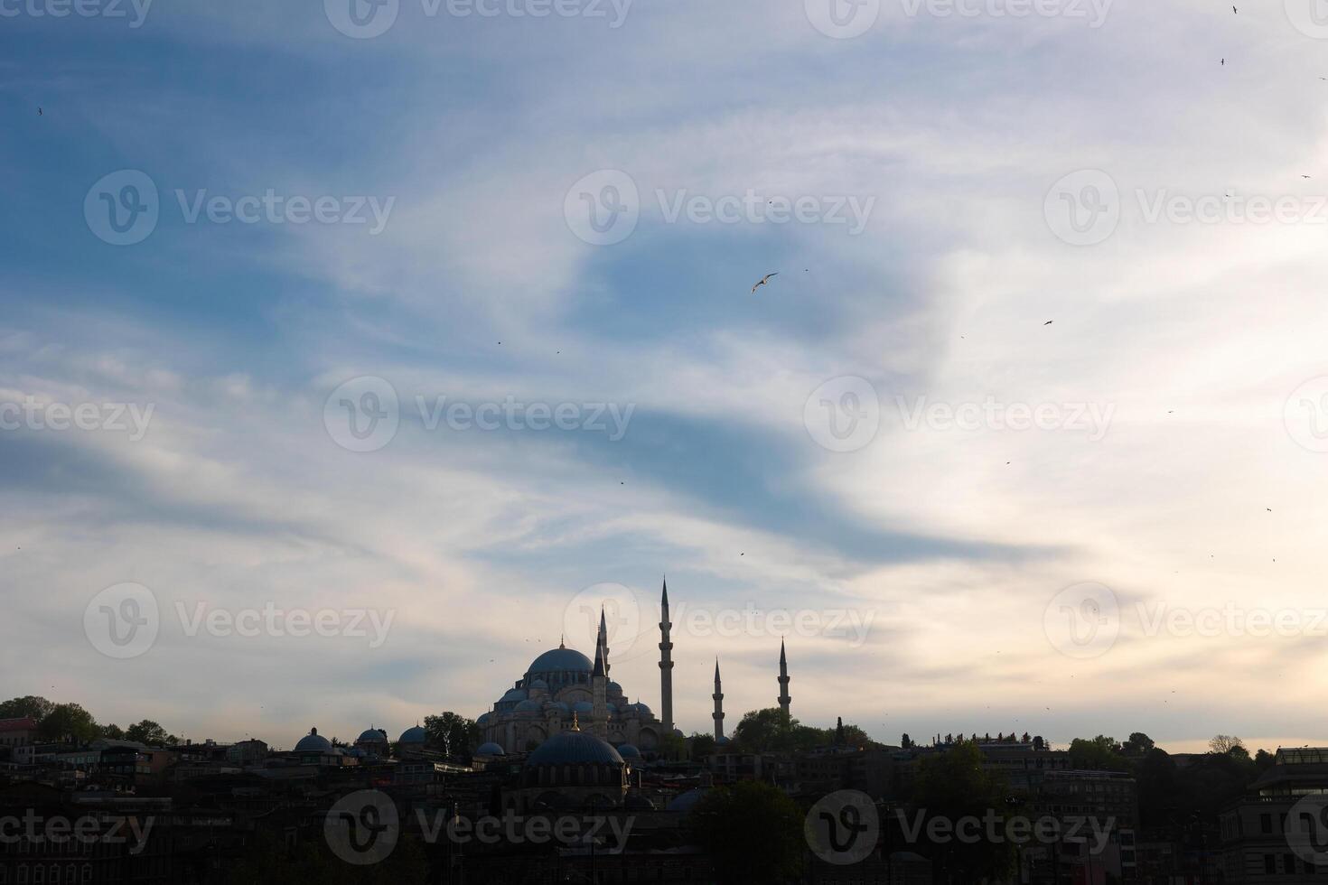 mezquita silueta vista. suleymaniye mezquita a puesta de sol en Estanbul foto