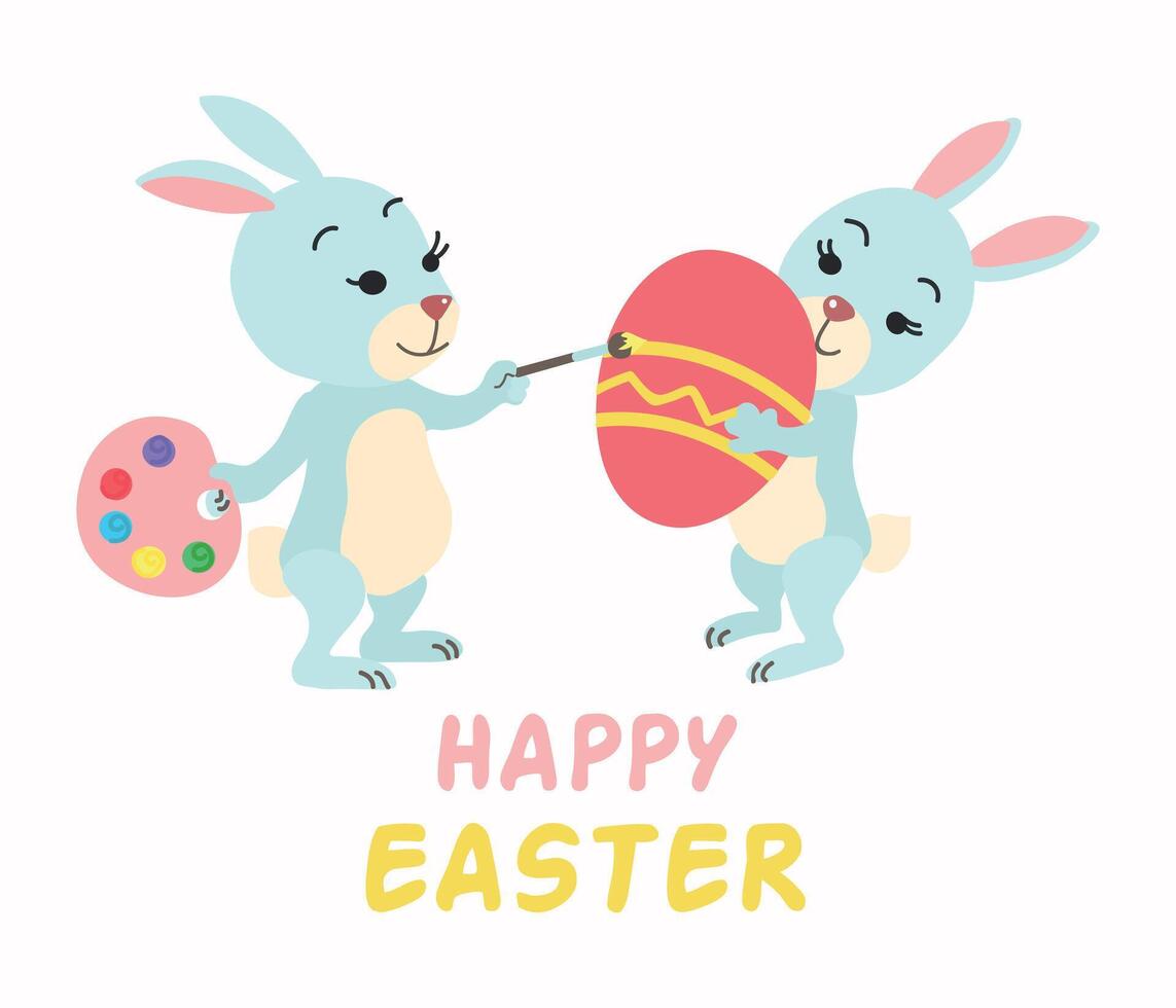 Easter rabbits painted eggs vector cartoon card illustration