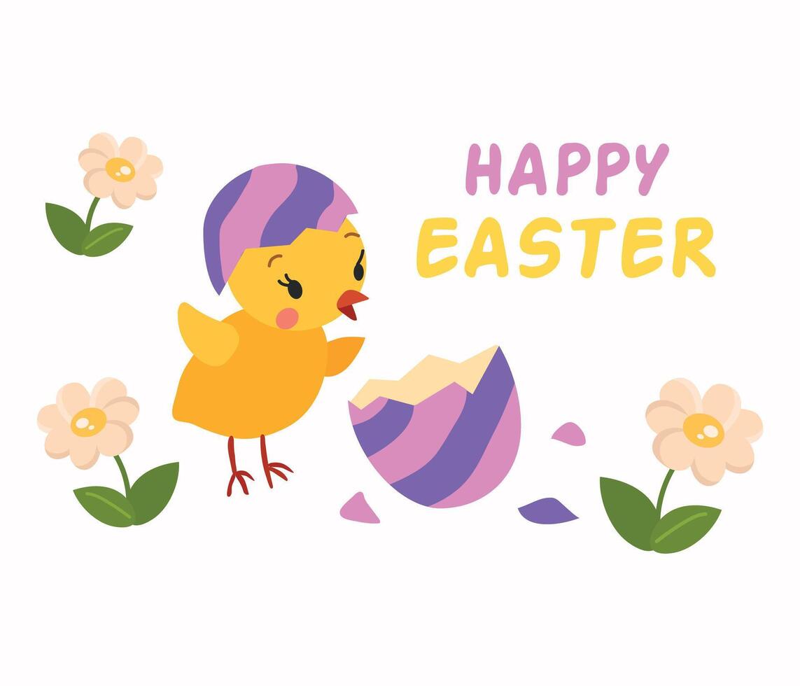 Easter chicken with eggs vector cartoon card illustration
