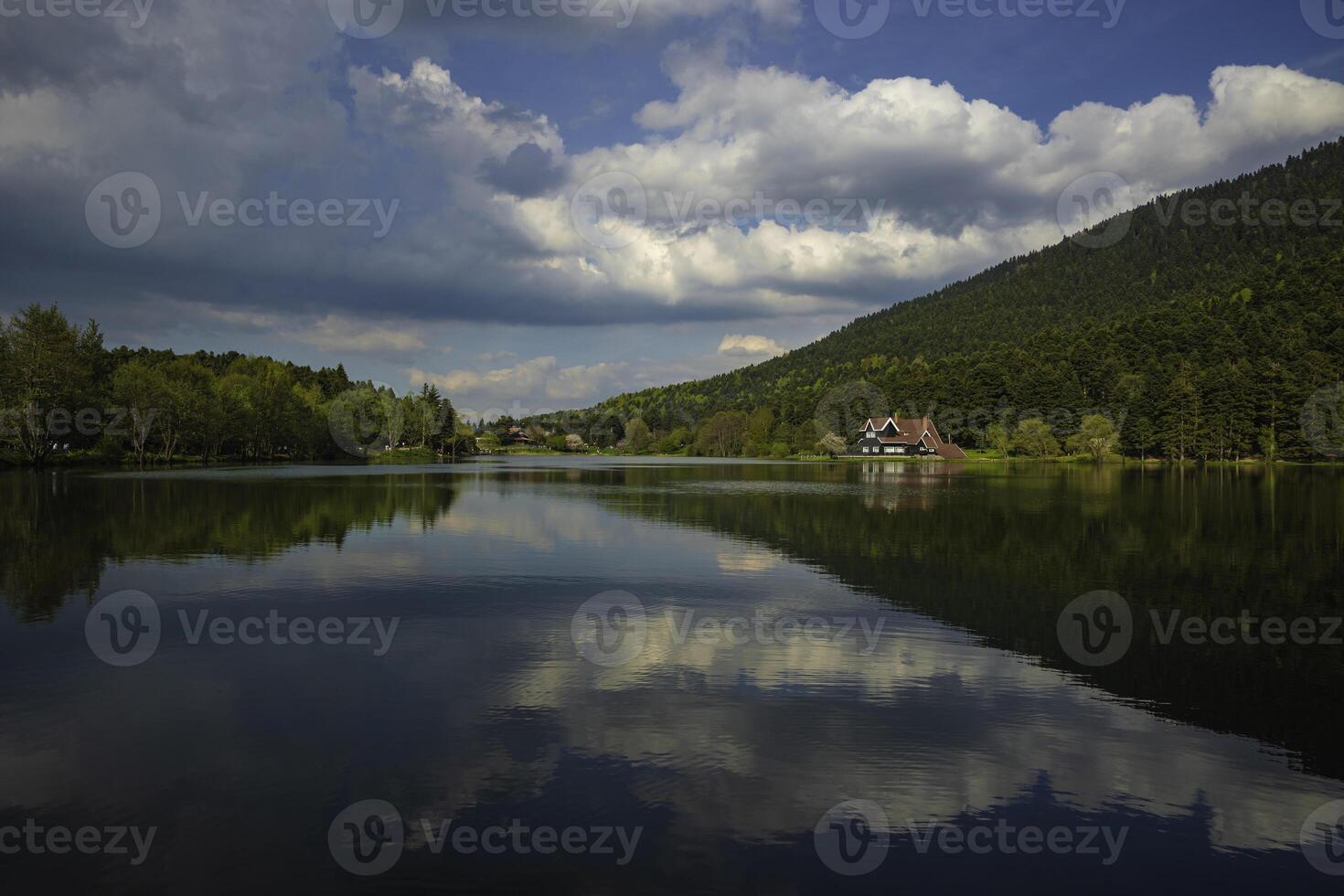 bolu golcuk naturaleza parque en bolu pavo. lago y bosque con nublado cielo foto