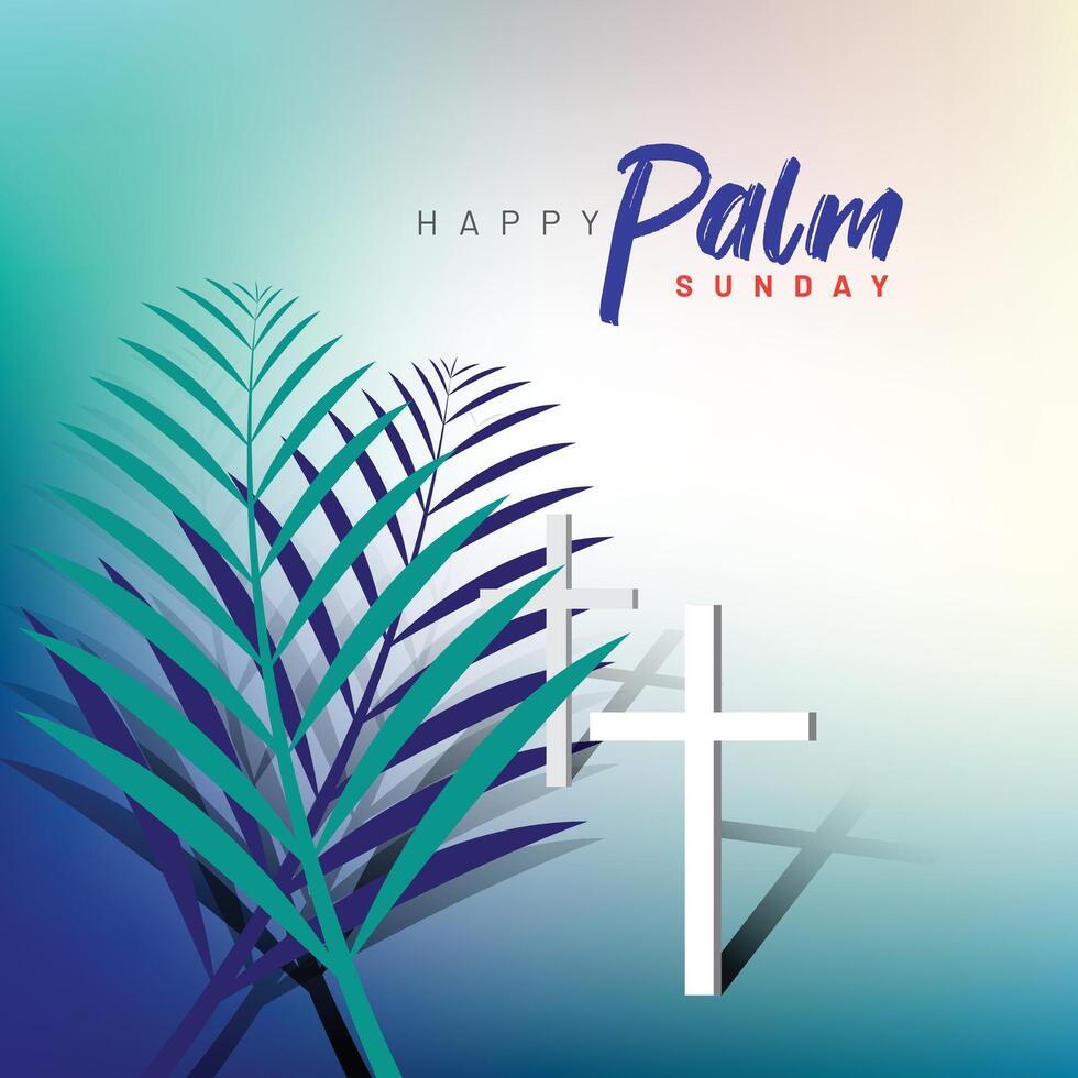 Happy Palm Sunday holiday card, poster with realistic palm leaves and cross. Social media post design concept vector
