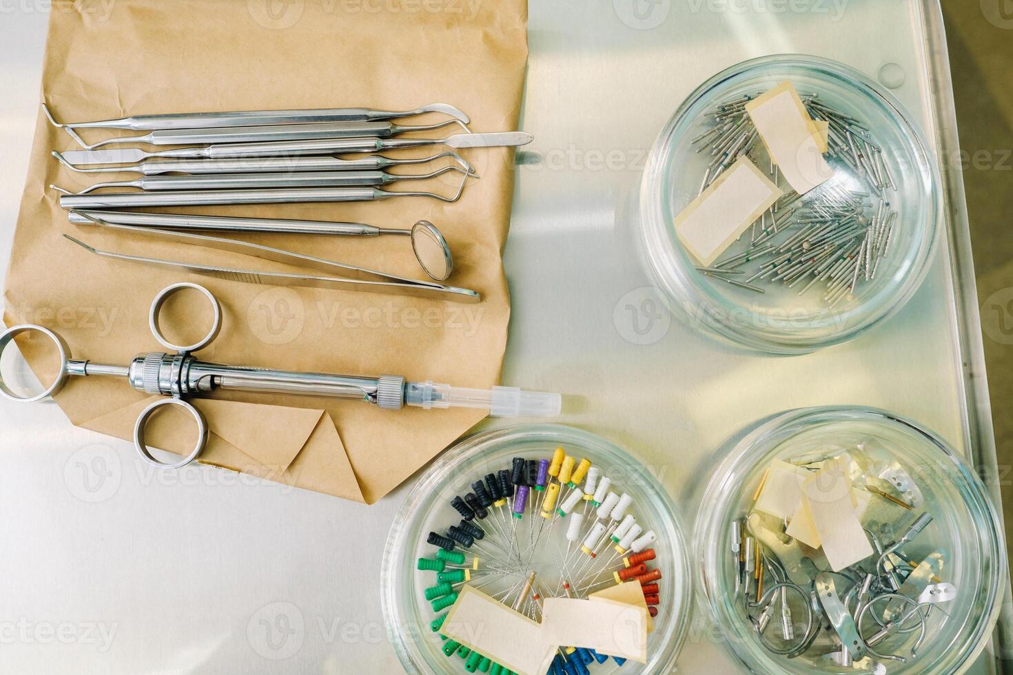 the dentist's tool is on the table before working in his office photo