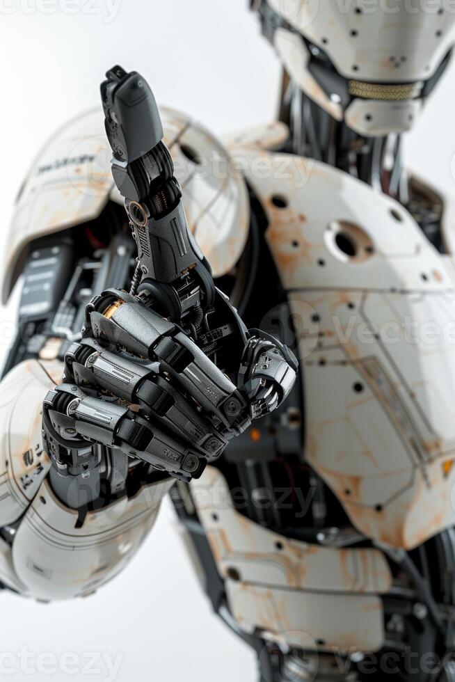 AI generated A robot pointing fingers forward standing on a white background photo