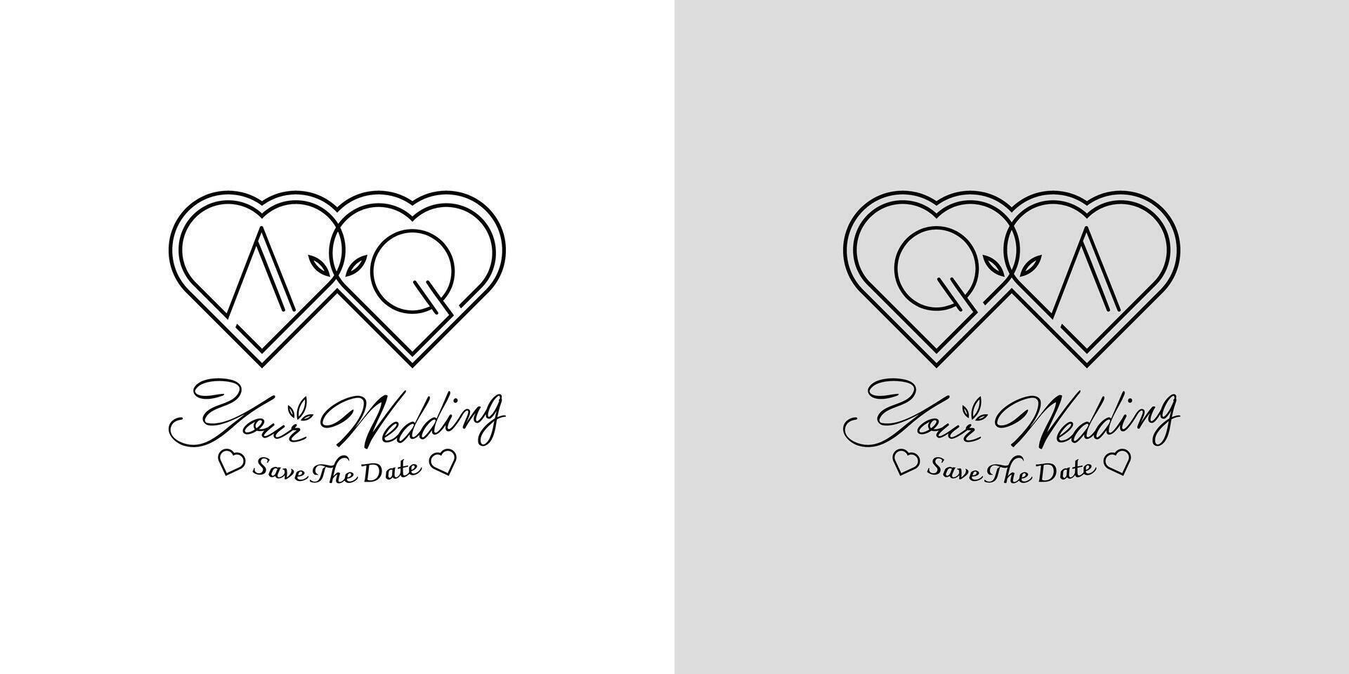 Letters AQ and QA Wedding Love Logo, for couples with A and Q initials vector