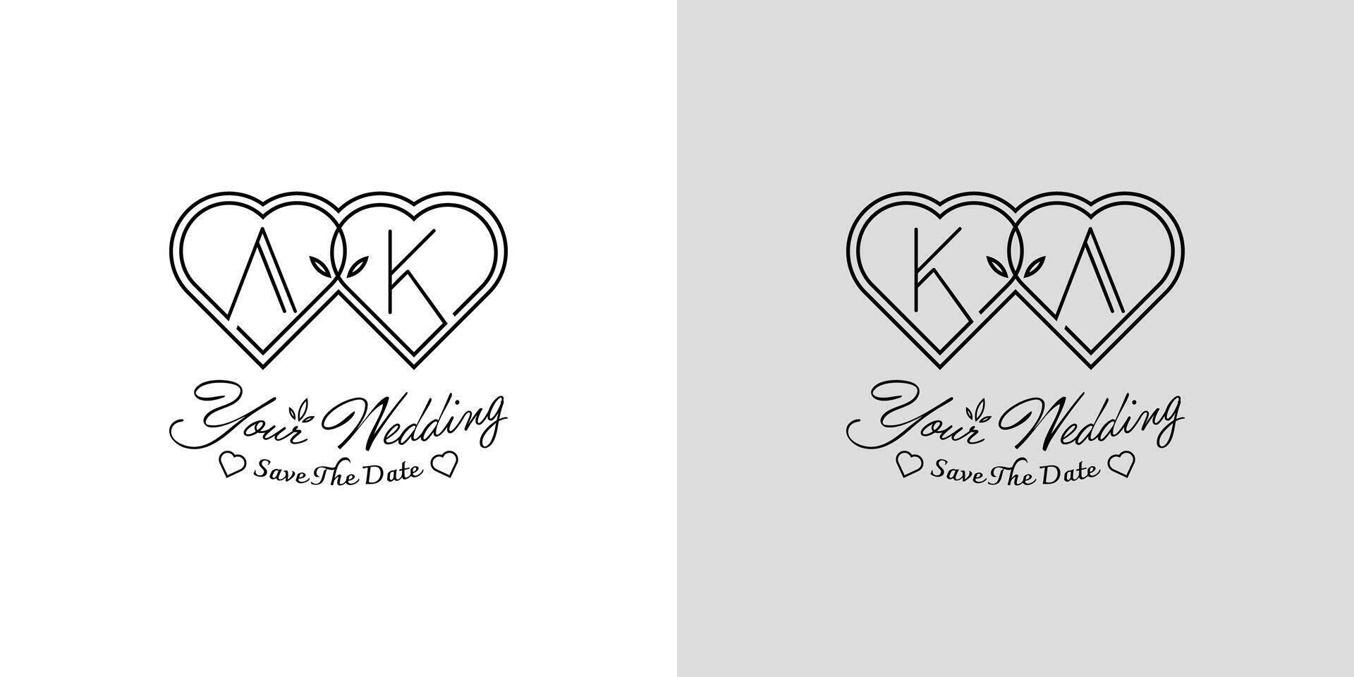 Letters AK and KA Wedding Love Logo, for couples with A and K initials vector