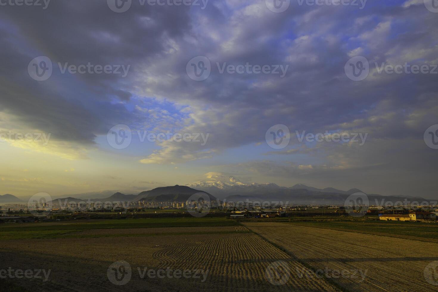 Mount Erciyes at sunrise. Cityscape of Kayseri and Mount Erciyes panoramic view. photo