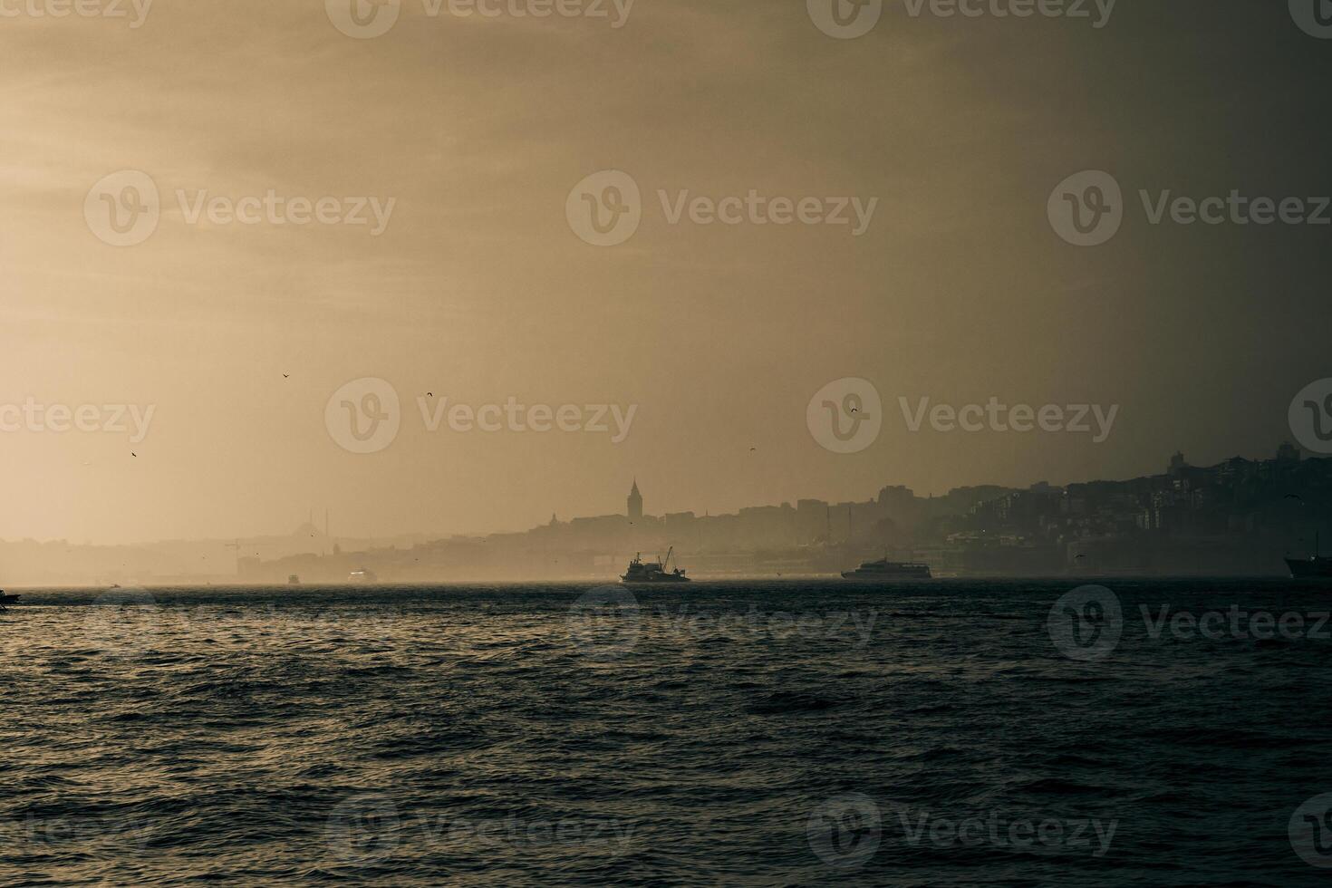 Istanbul background photo. Sepia colored Istanbul background at foggy weather. photo