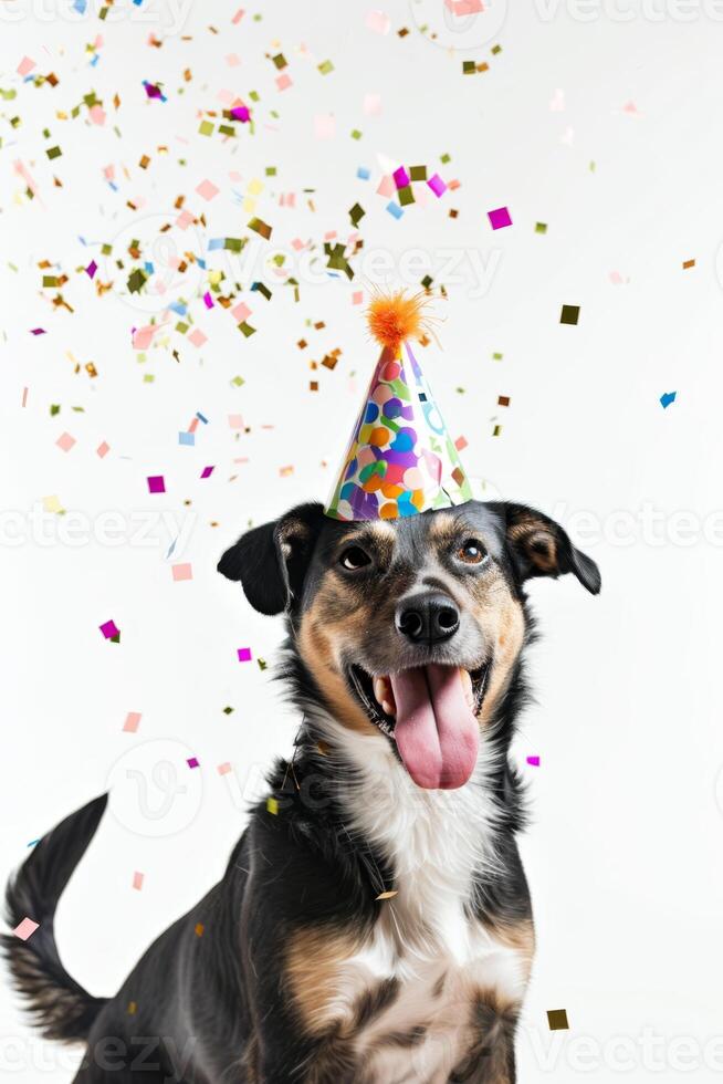 AI generated A dog as a surprise, with a triangular hood on his head and falling confetti on a white background photo