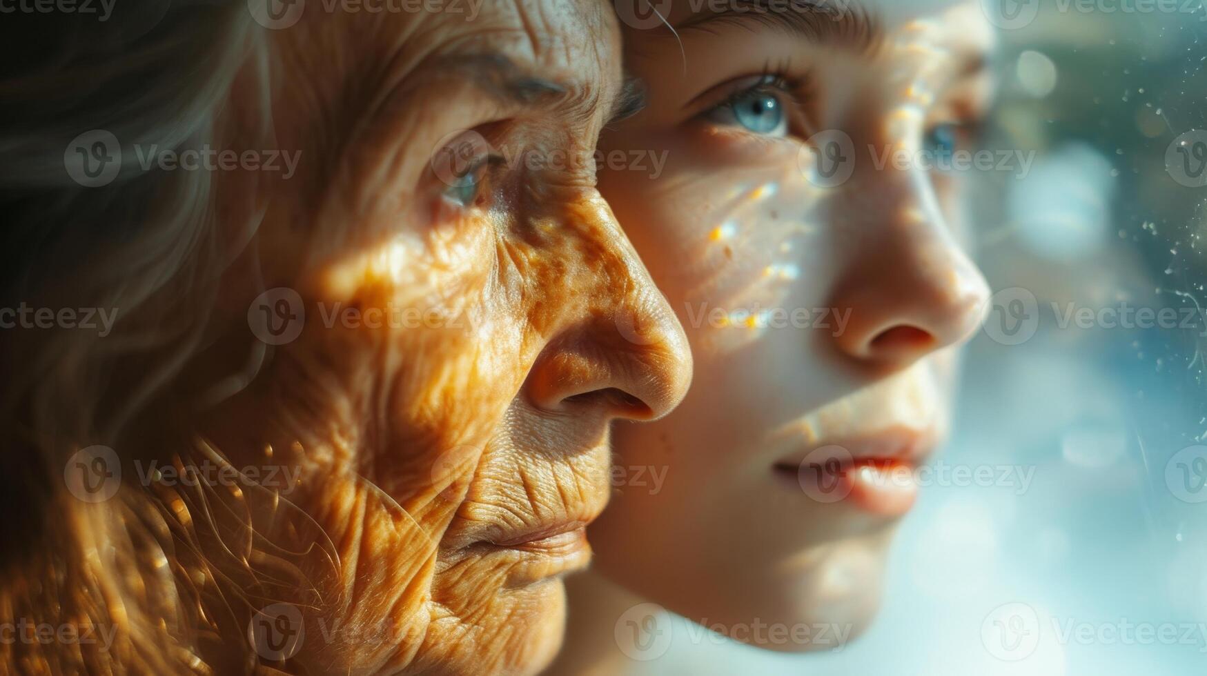 AI generated The face of a young girl and an elderly woman with wrinkles. The concept of aging and skin care photo