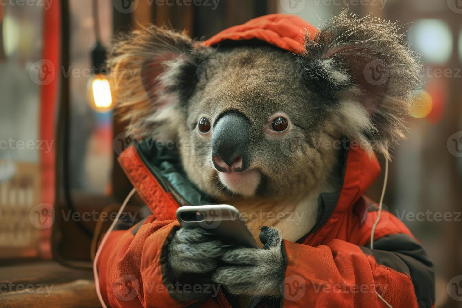 AI generated Portrait of a koala in clothes, holding a smartphone and sending a message in nature photo