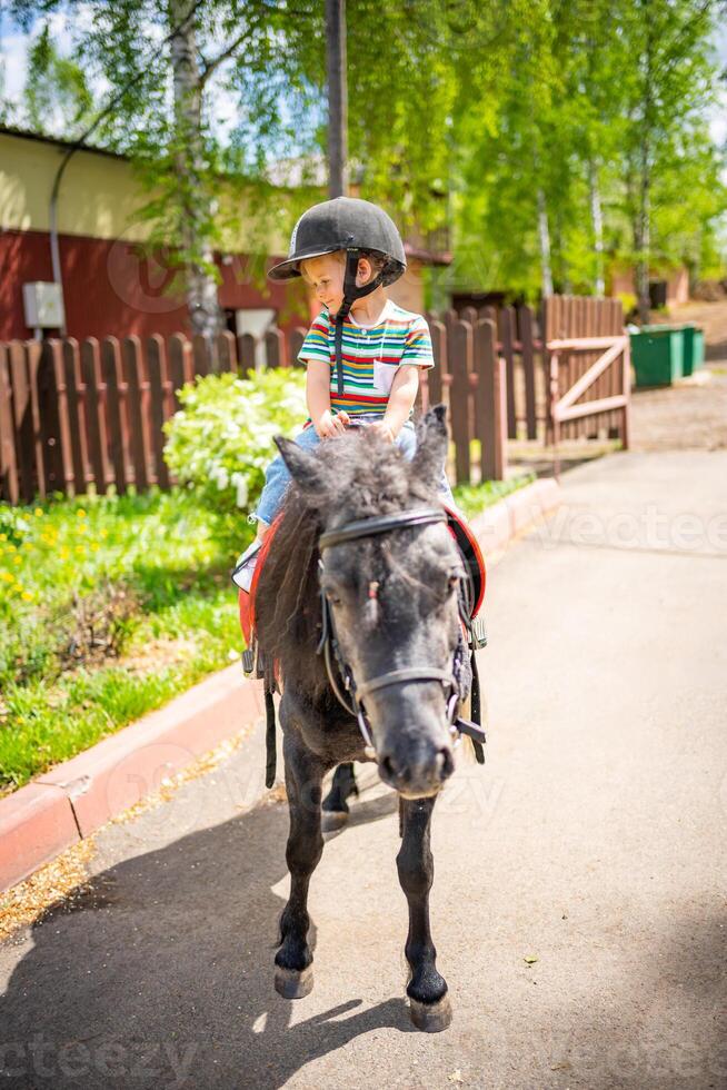 Beautiful little girl two years old riding pony horse in big safety jockey helmet posing outdoors on countryside photo