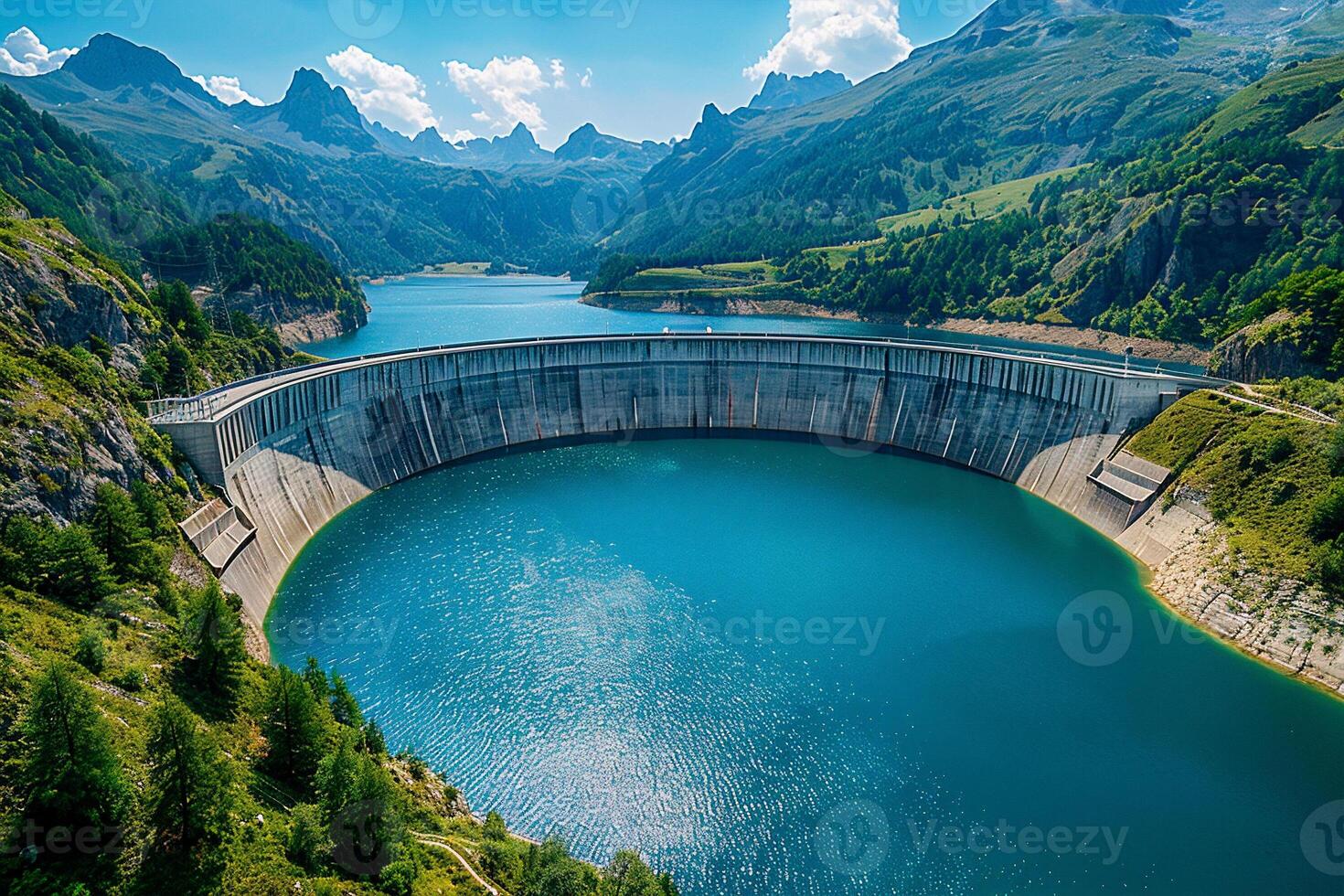 ai generado hidroeléctrico represa anidado dentro un escénico río valle, demostrando el poder de fluido agua a generar sostenible energía foto