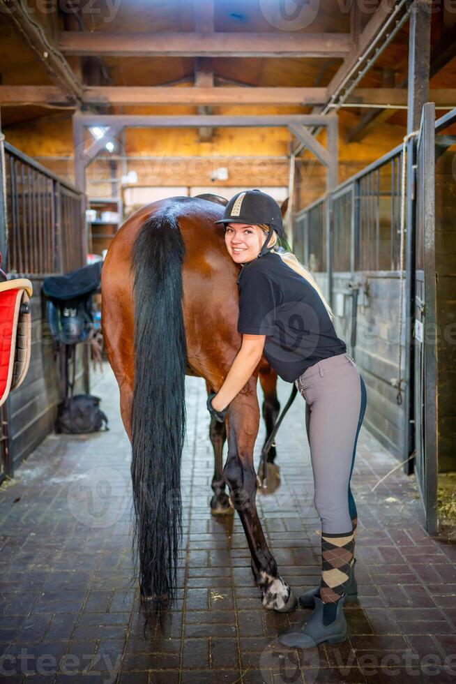 Lovely young woman wearing helmet stroking to her brown horse while spending time at the stable photo